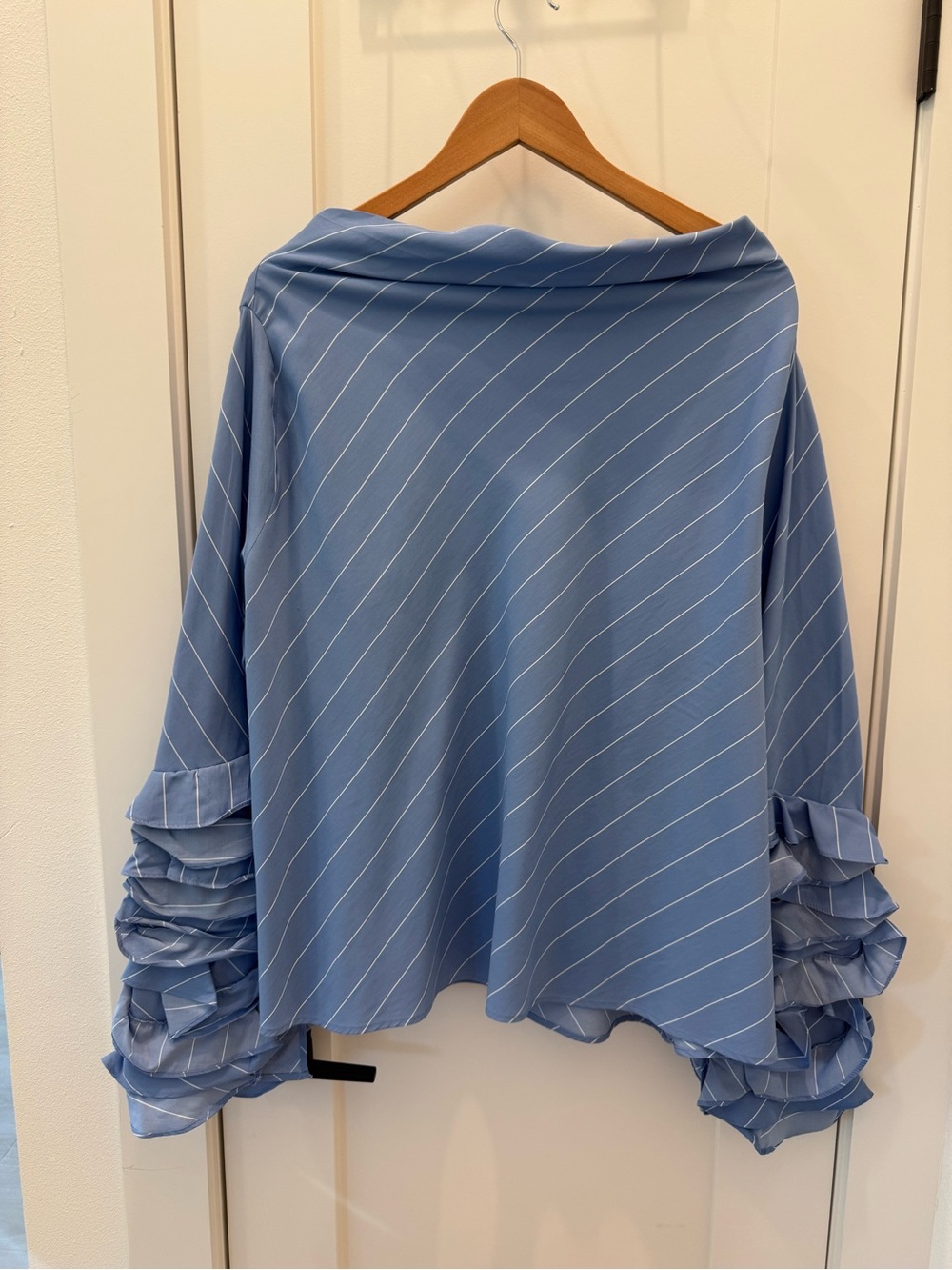 H&M Light Blue Pinstriped Ruffle-Sleeve Blouse